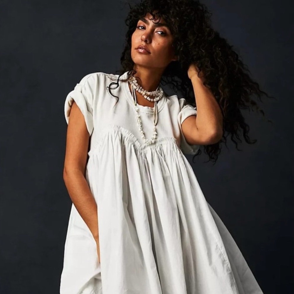 Free People Catalina Babydoll Mini Tunic Dress 100% Cotton in White - size Small